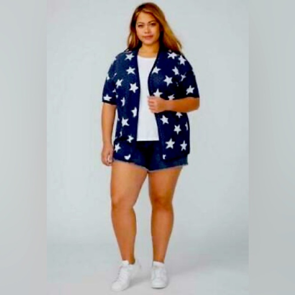 Lane Bryant Star Print Patriotic Short Sleeve Open Front Cardigan 14/16